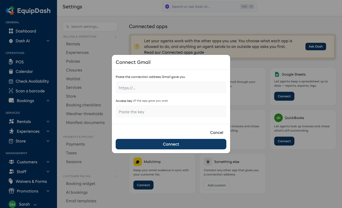 Connecting an app: paste the connection address, and the access key if the app gave you one
