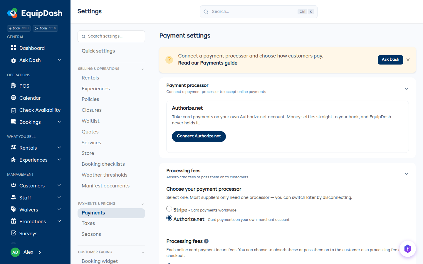 The Payments page with Authorize.net chosen and the Connect Authorize.net button