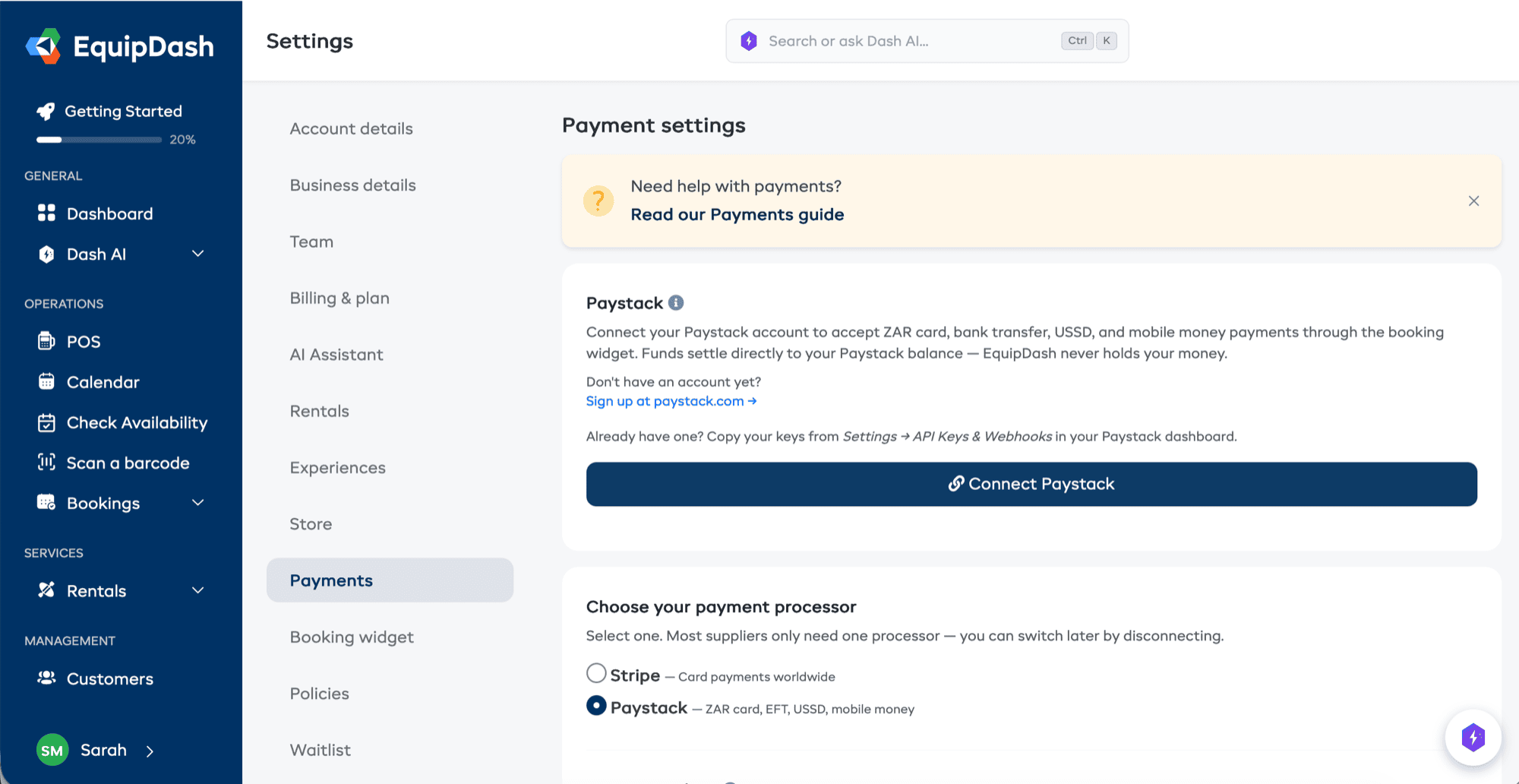 The Payment settings page with the Paystack card and Connect Paystack button