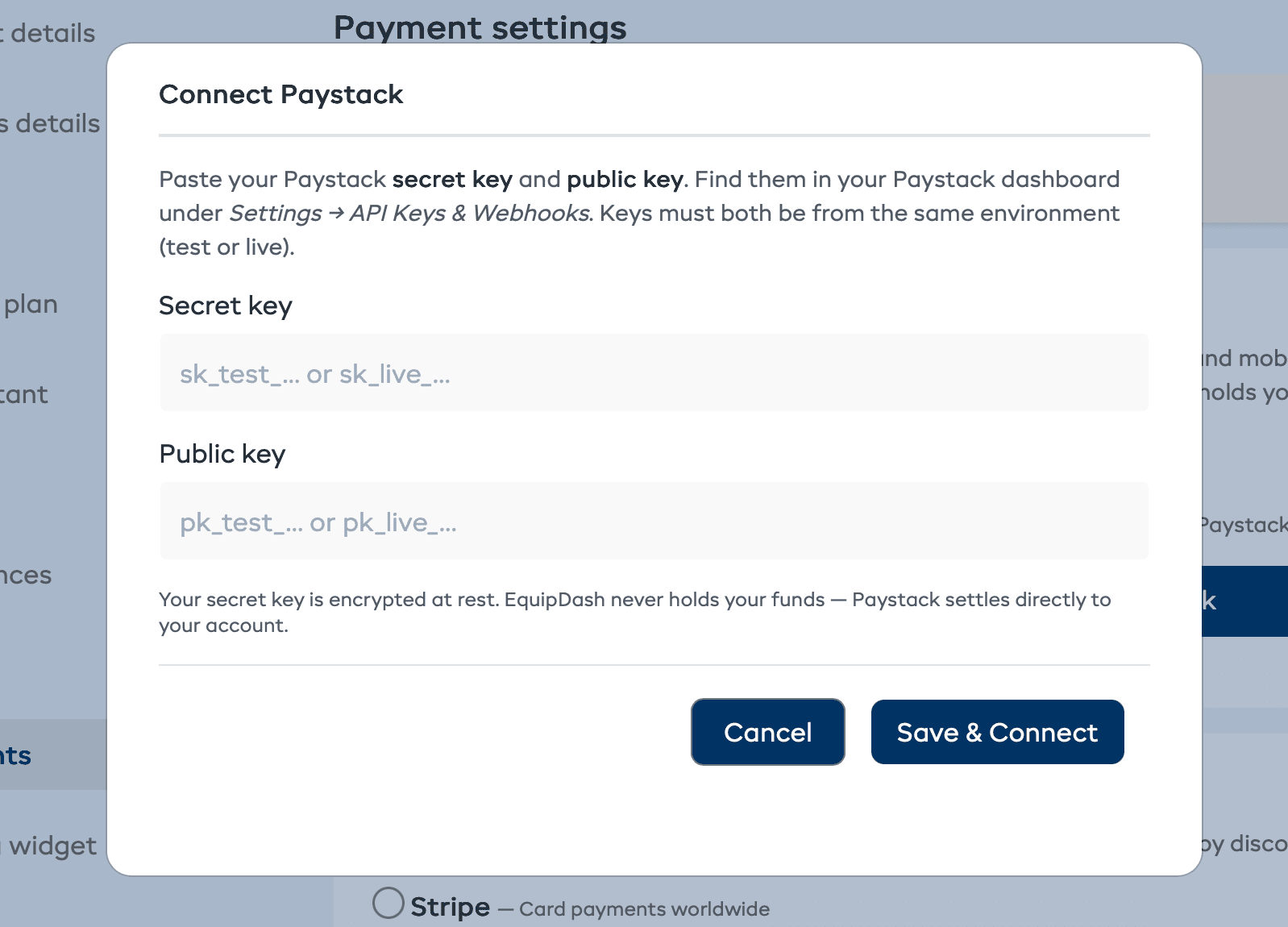 The Connect Paystack modal with Secret key and Public key fields