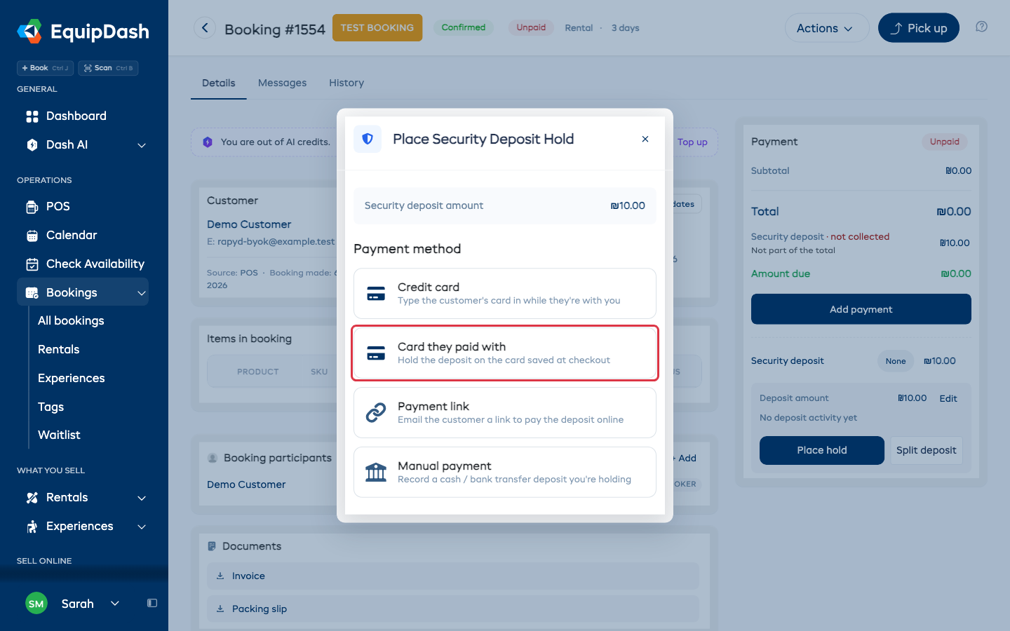 The booking's deposit options, including Card they paid with