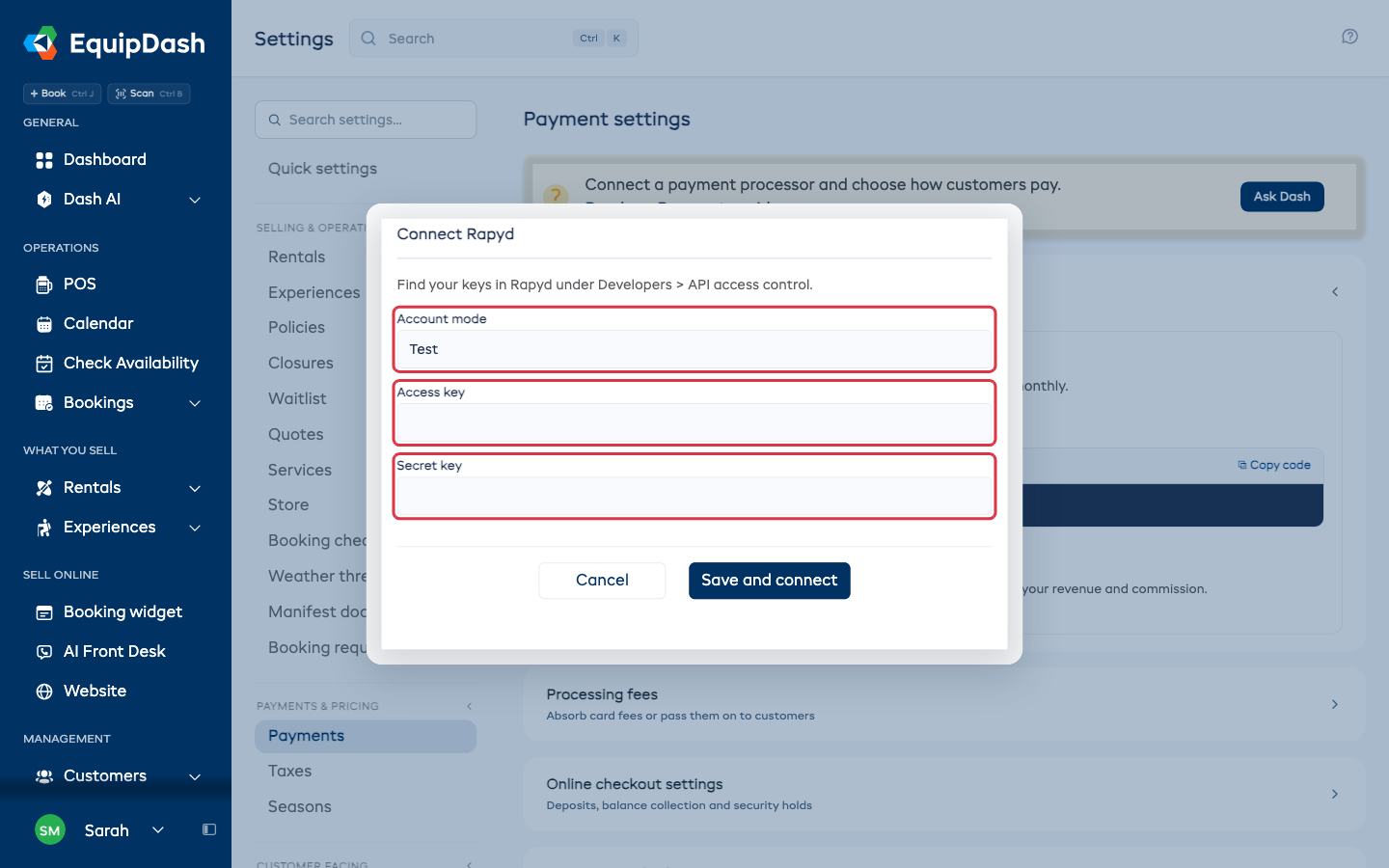 The Rapyd form with account mode and key fields highlighted
