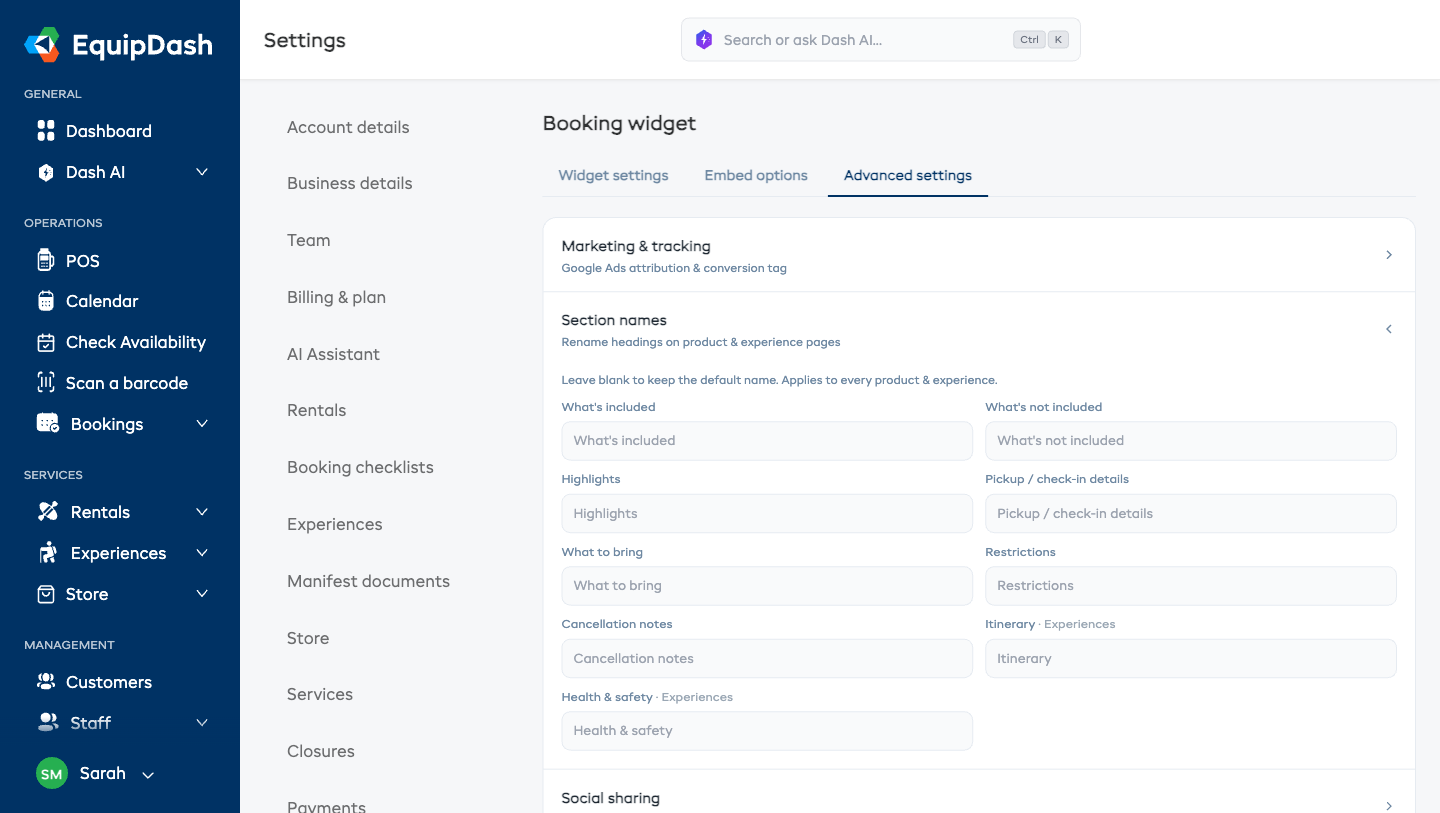 Rename section headings in Settings → Booking widget → Advanced settings → Section names