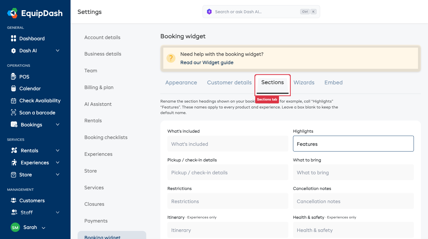 Rename section headings in Settings → Booking widget → Sections