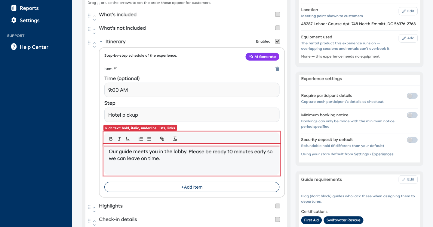 Rich text editor on the Itinerary description