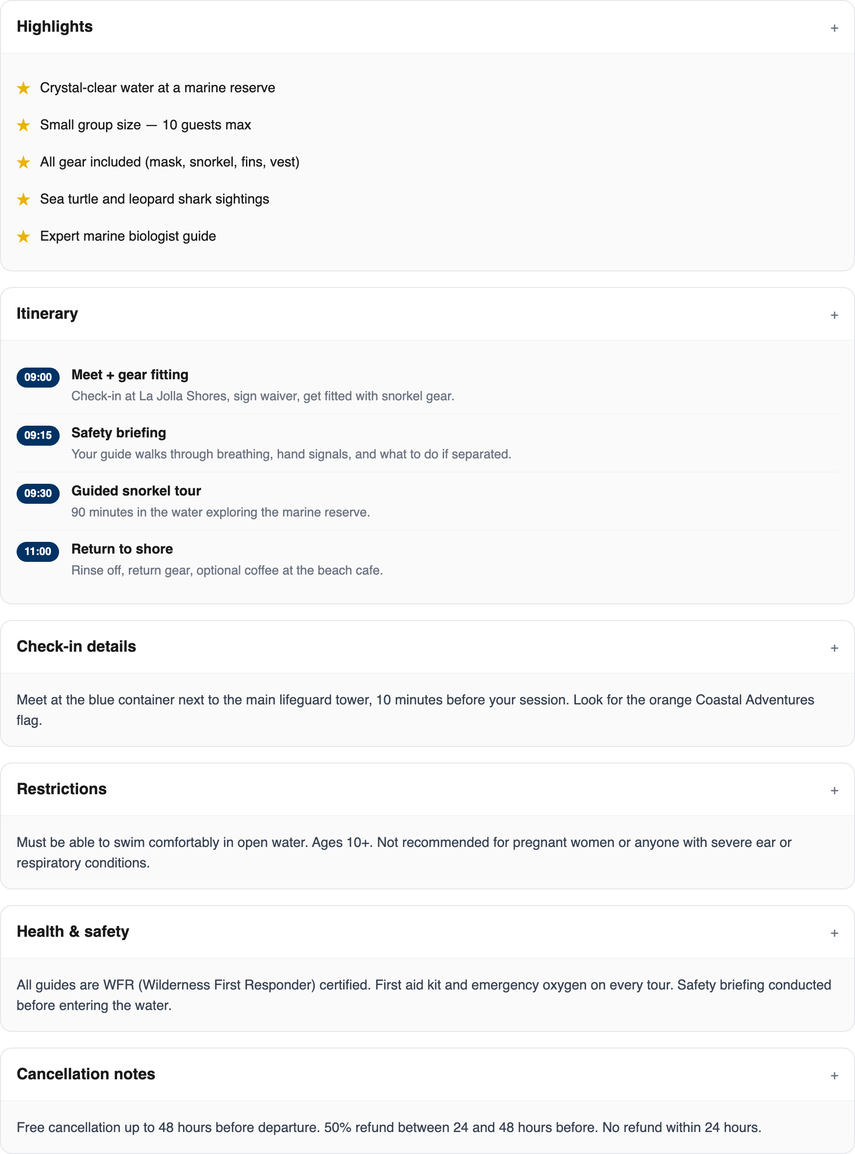 Widget detail page showing content blocks
