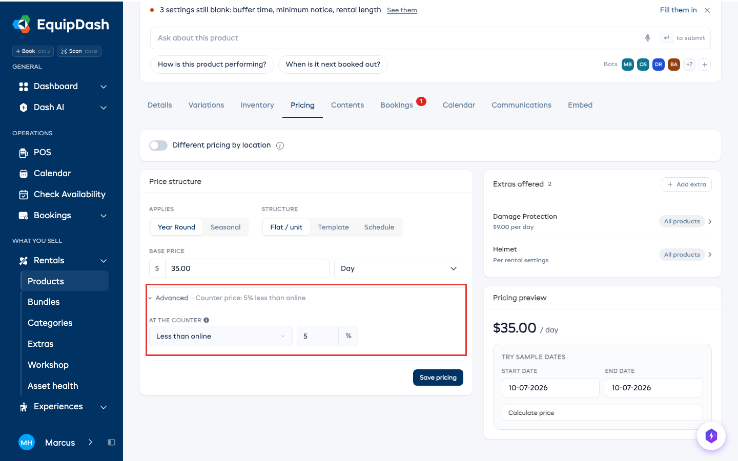 An item's counter price on its Pricing tab