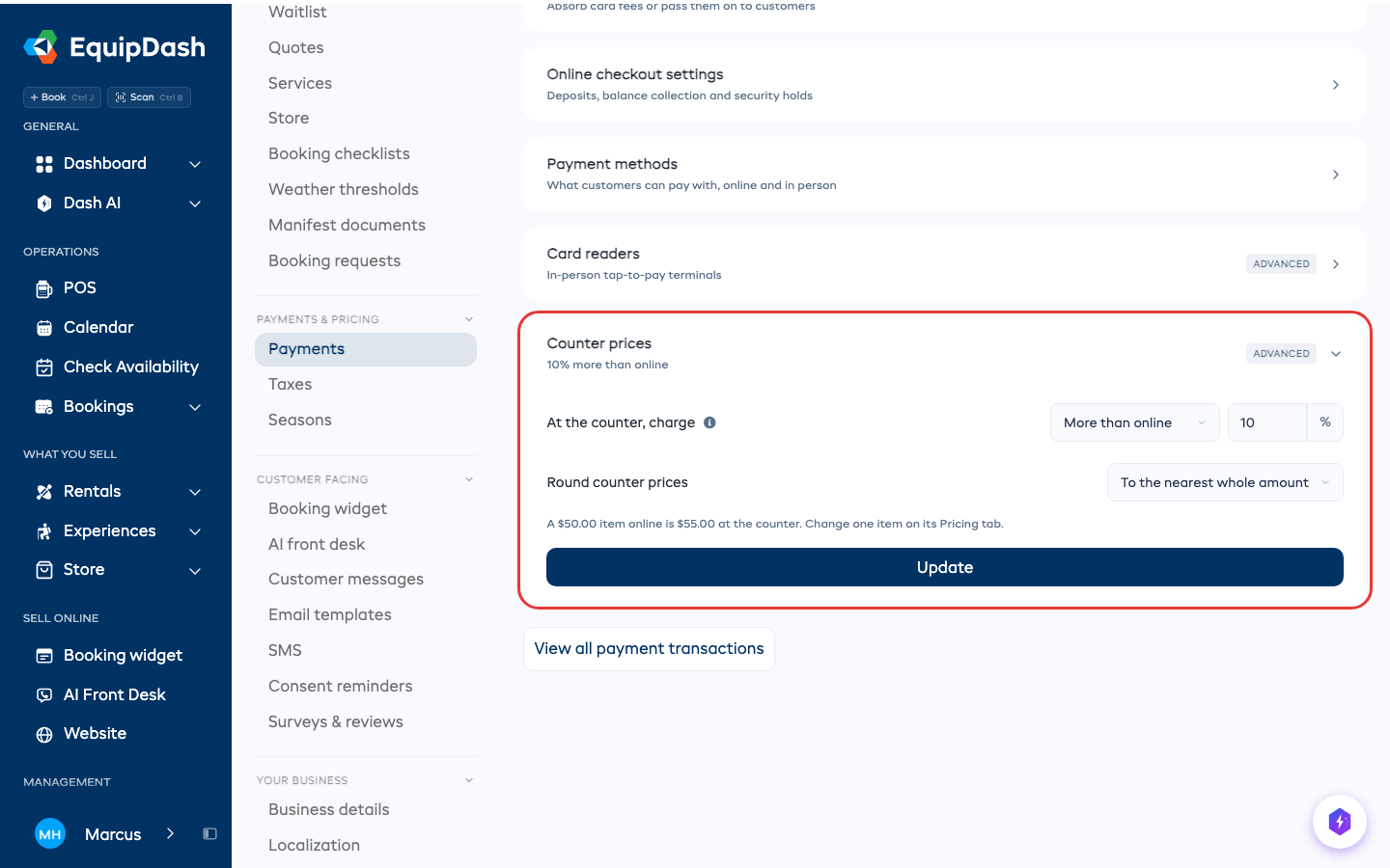 Counter prices on Settings > Payments