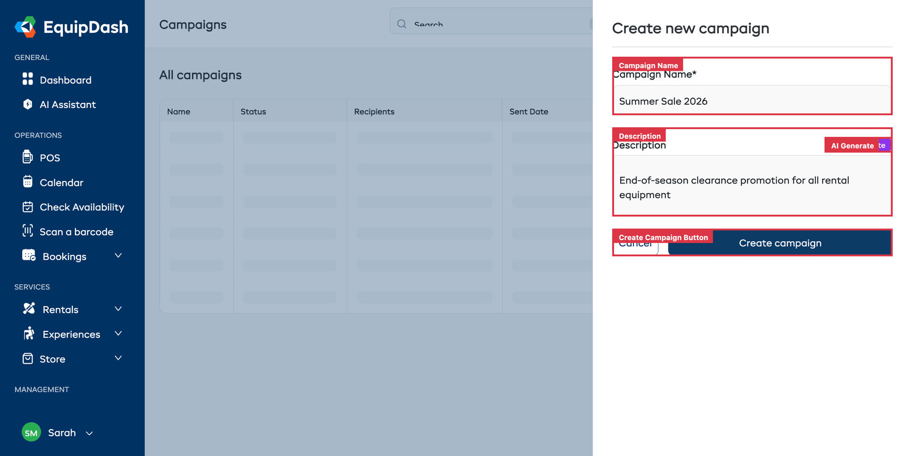 The Create New Campaign slide-over panel