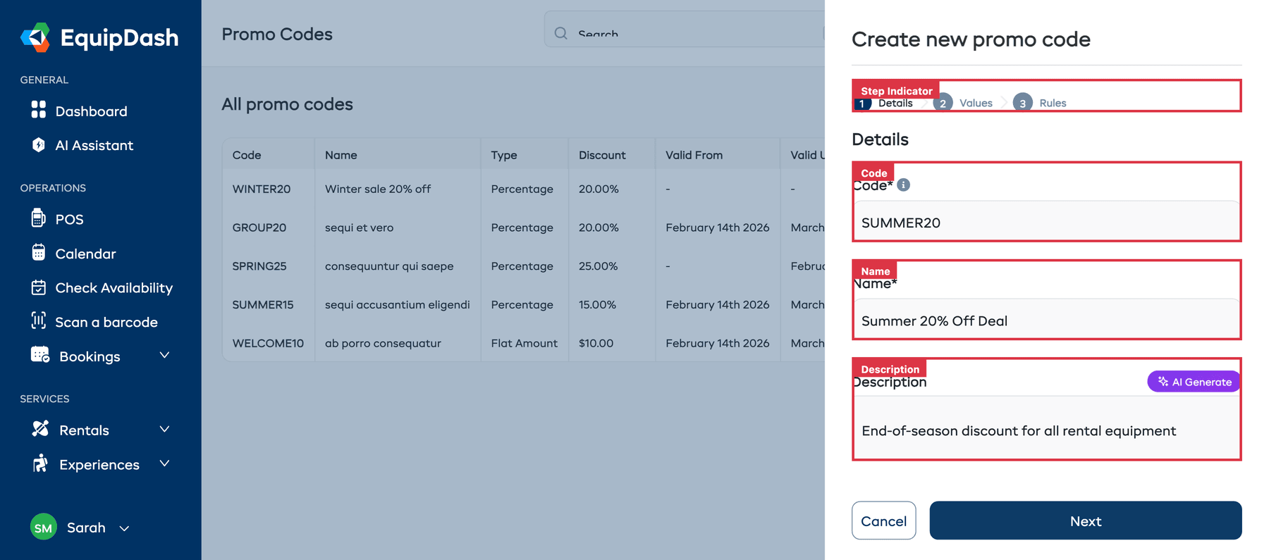 The Create Promo Code slide-over showing Step 1 (Details)