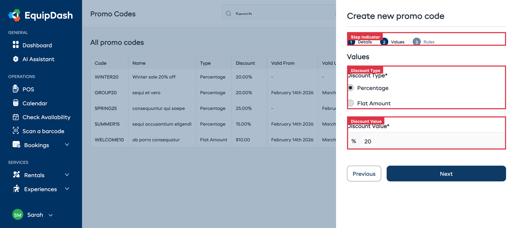 Step 2 (Values) showing Discount Type and Discount Value