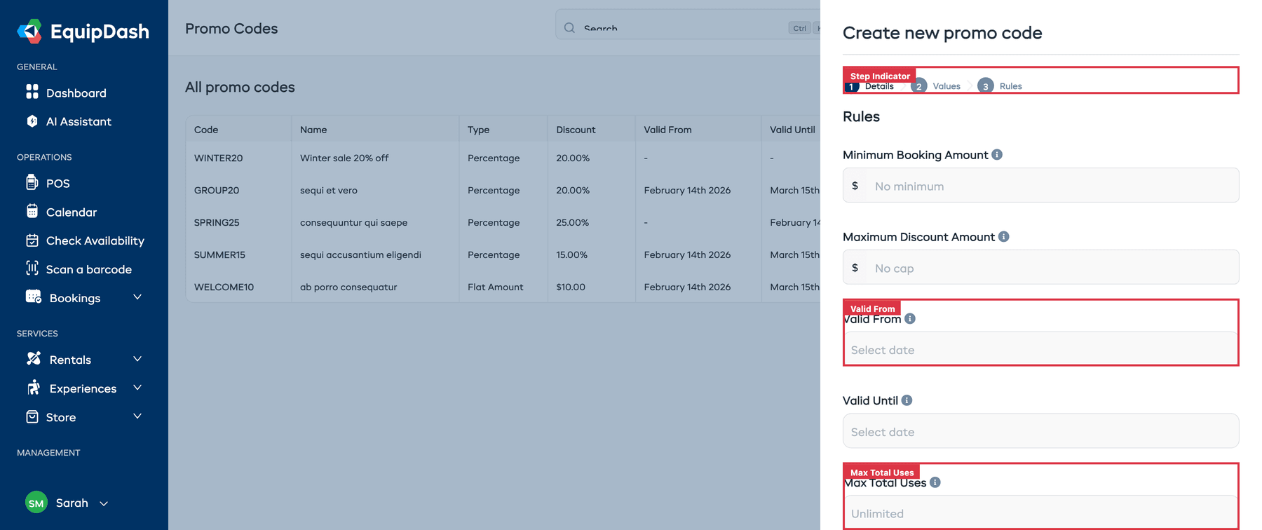 Step 3 (Rules) showing validity dates, usage limits, and Applies To