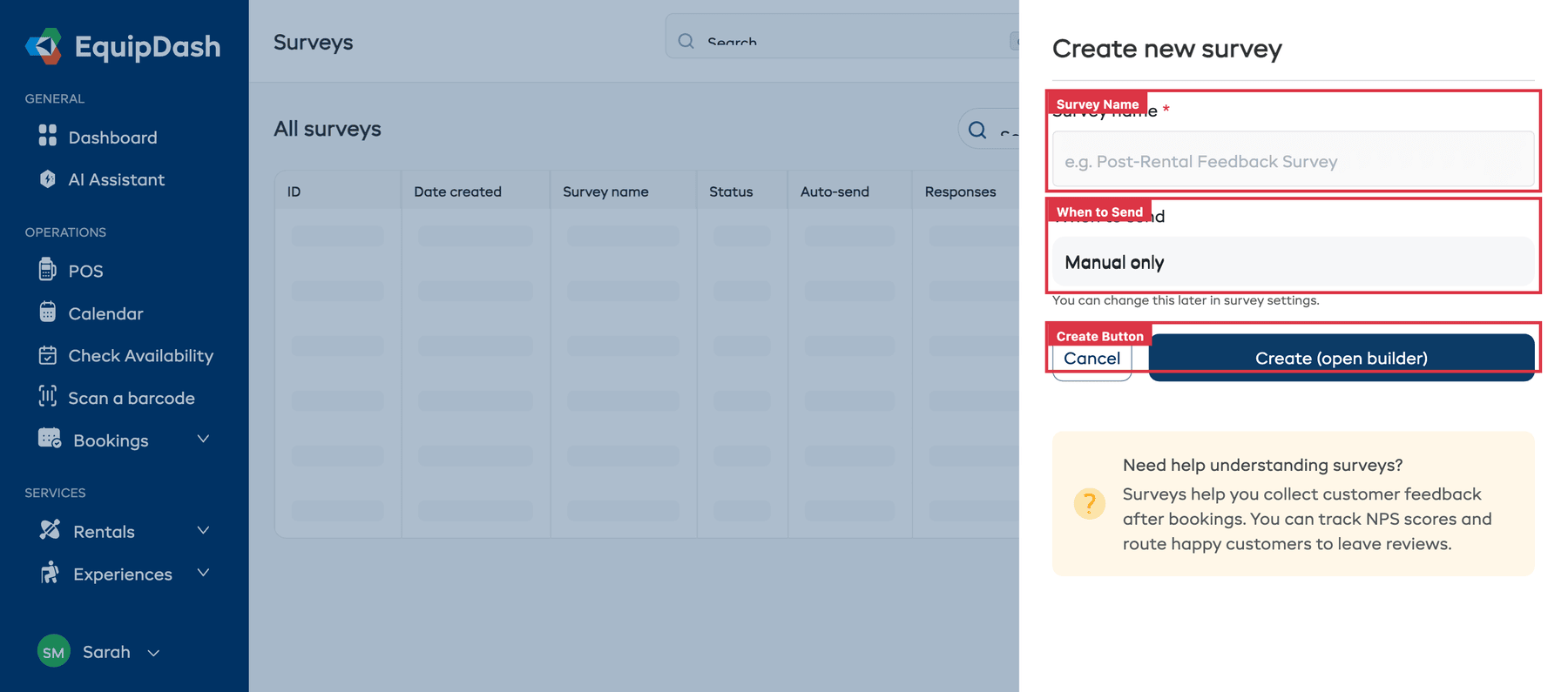 The Create new survey panel with name field, When to send dropdown, and Create button