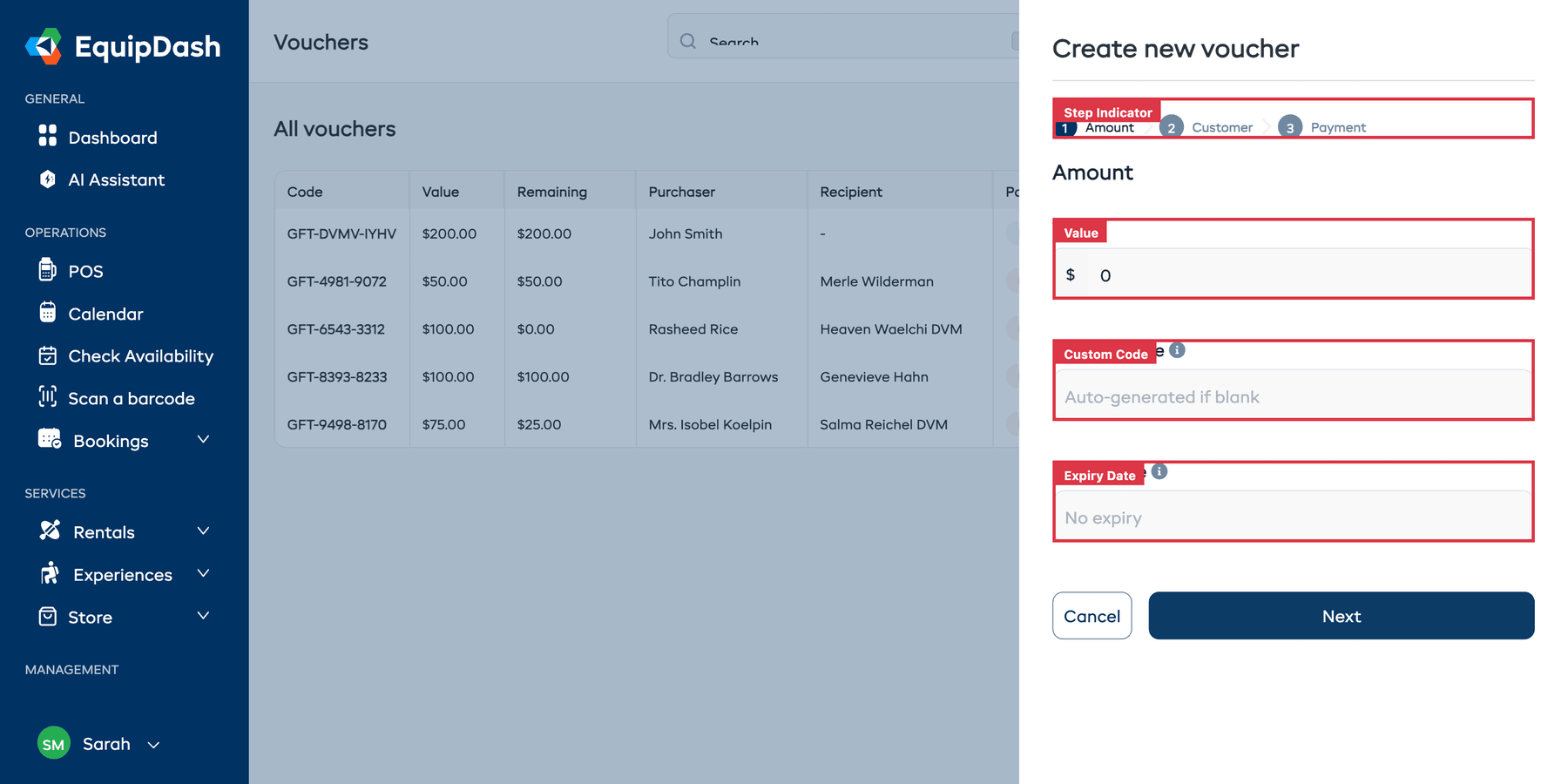 The Create New Voucher slide-over showing Step 1 (Amount)