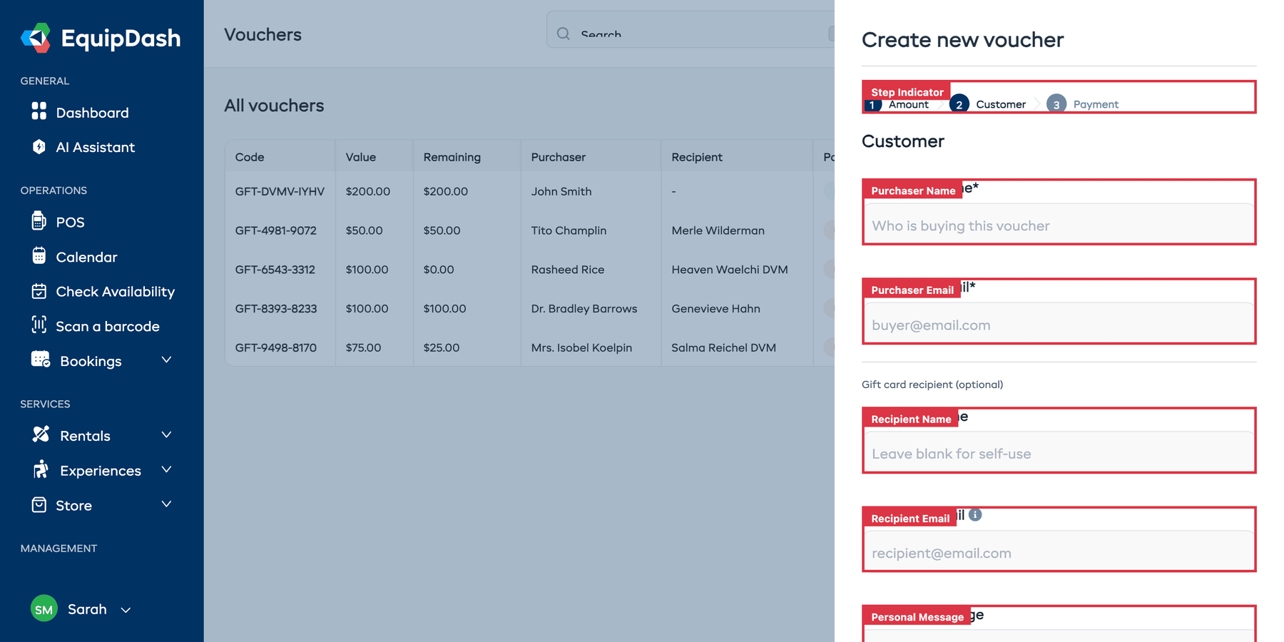Step 2 (Customer) showing purchaser and recipient fields