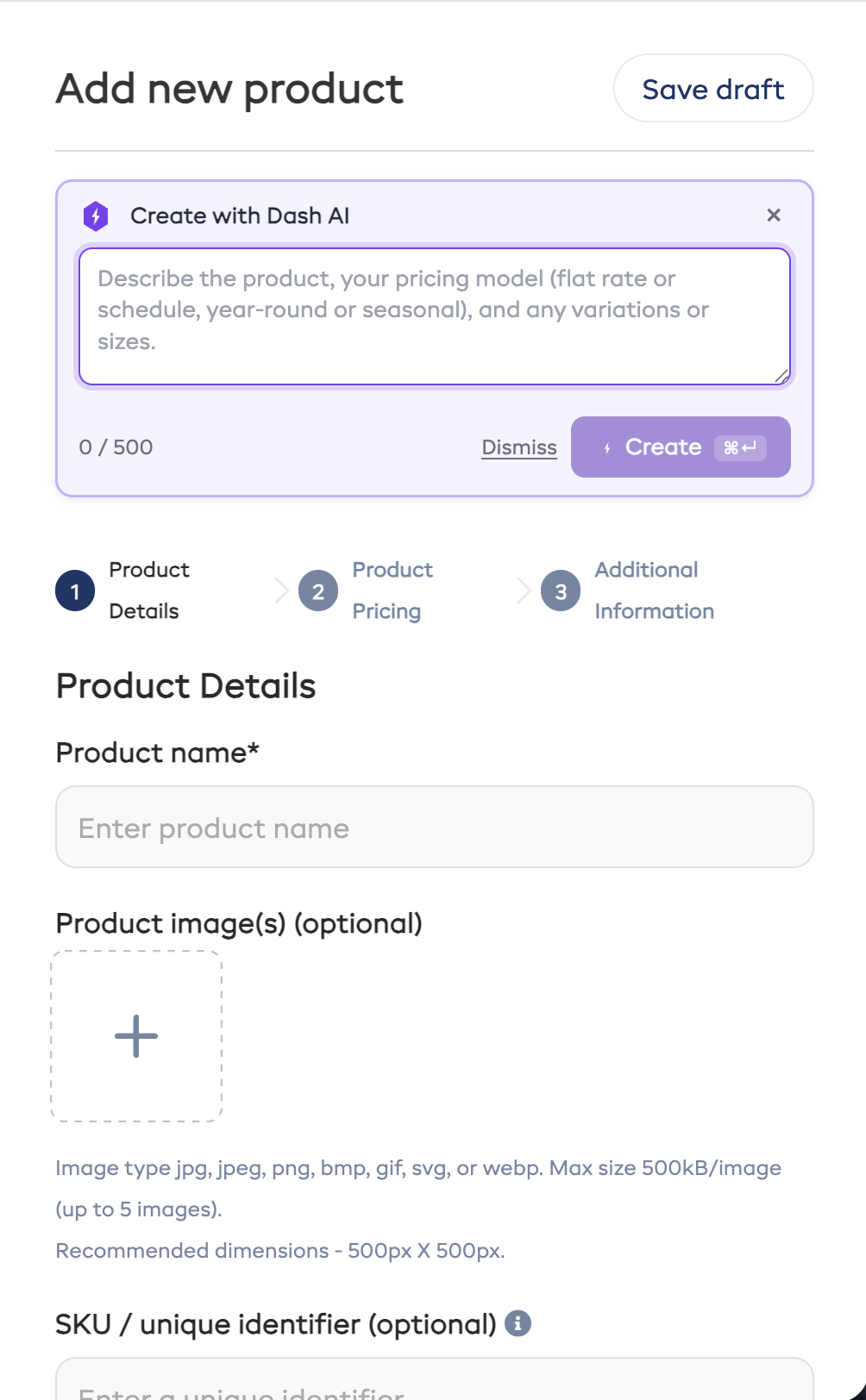 Create with Dash AI panel expanded inside the Add new product modal