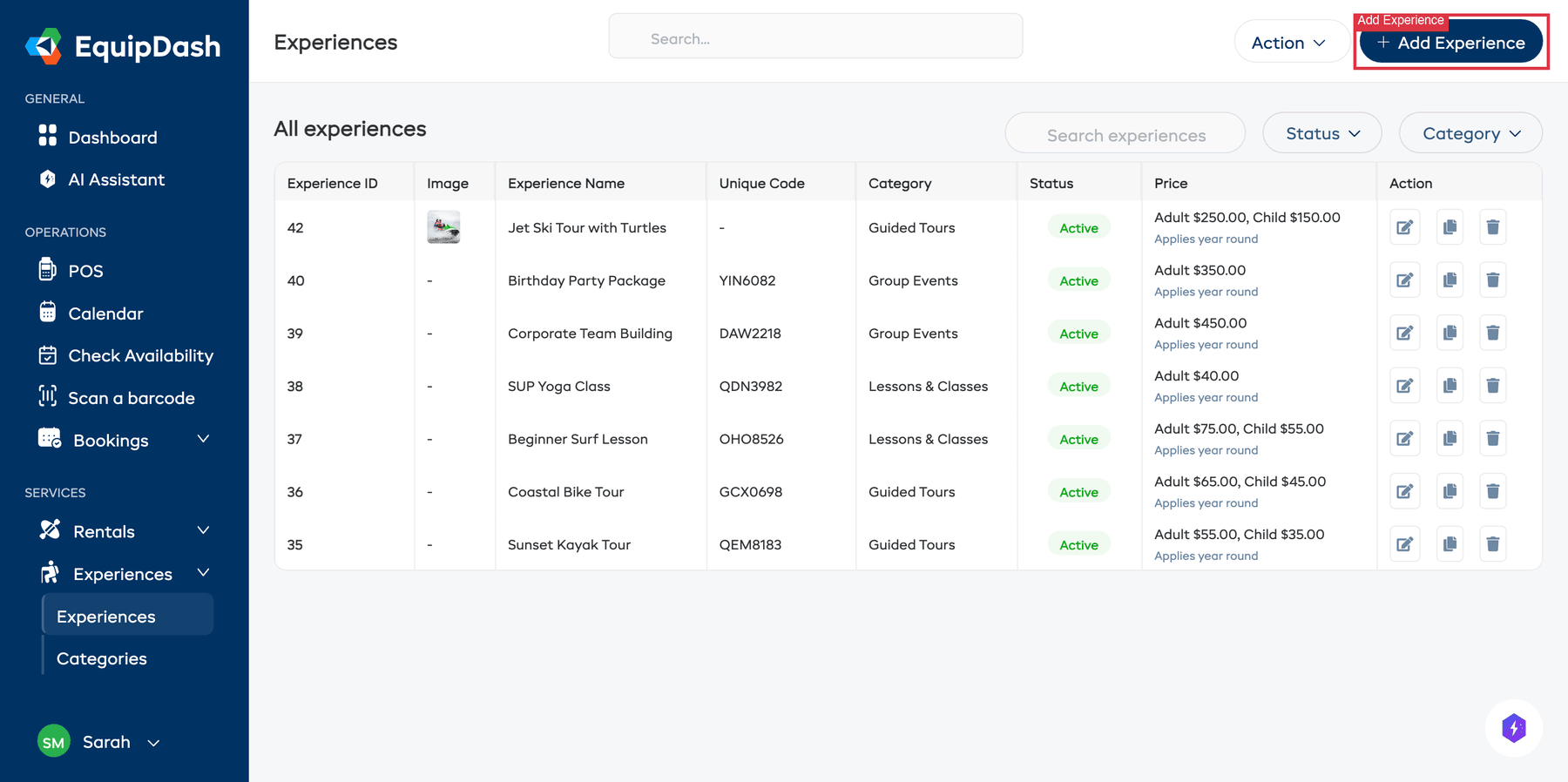 The Experiences page with the Add Experience button highlighted