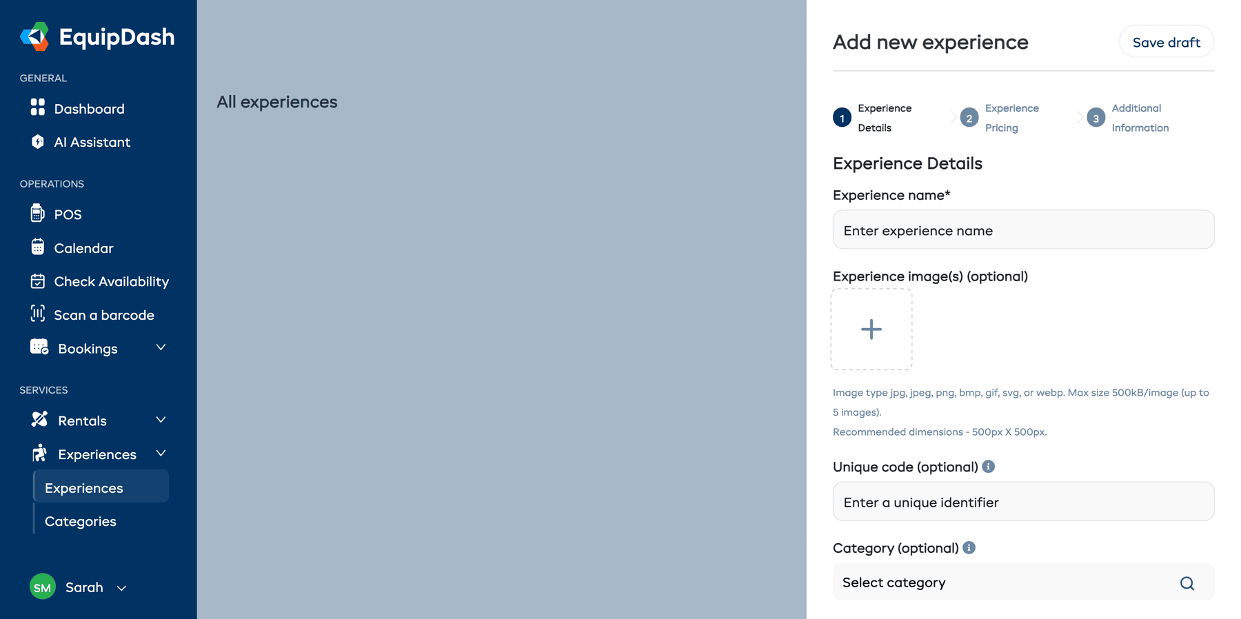Step 1 of the experience wizard — Experience Details — showing fields for Name, Images, Unique Code, and Category