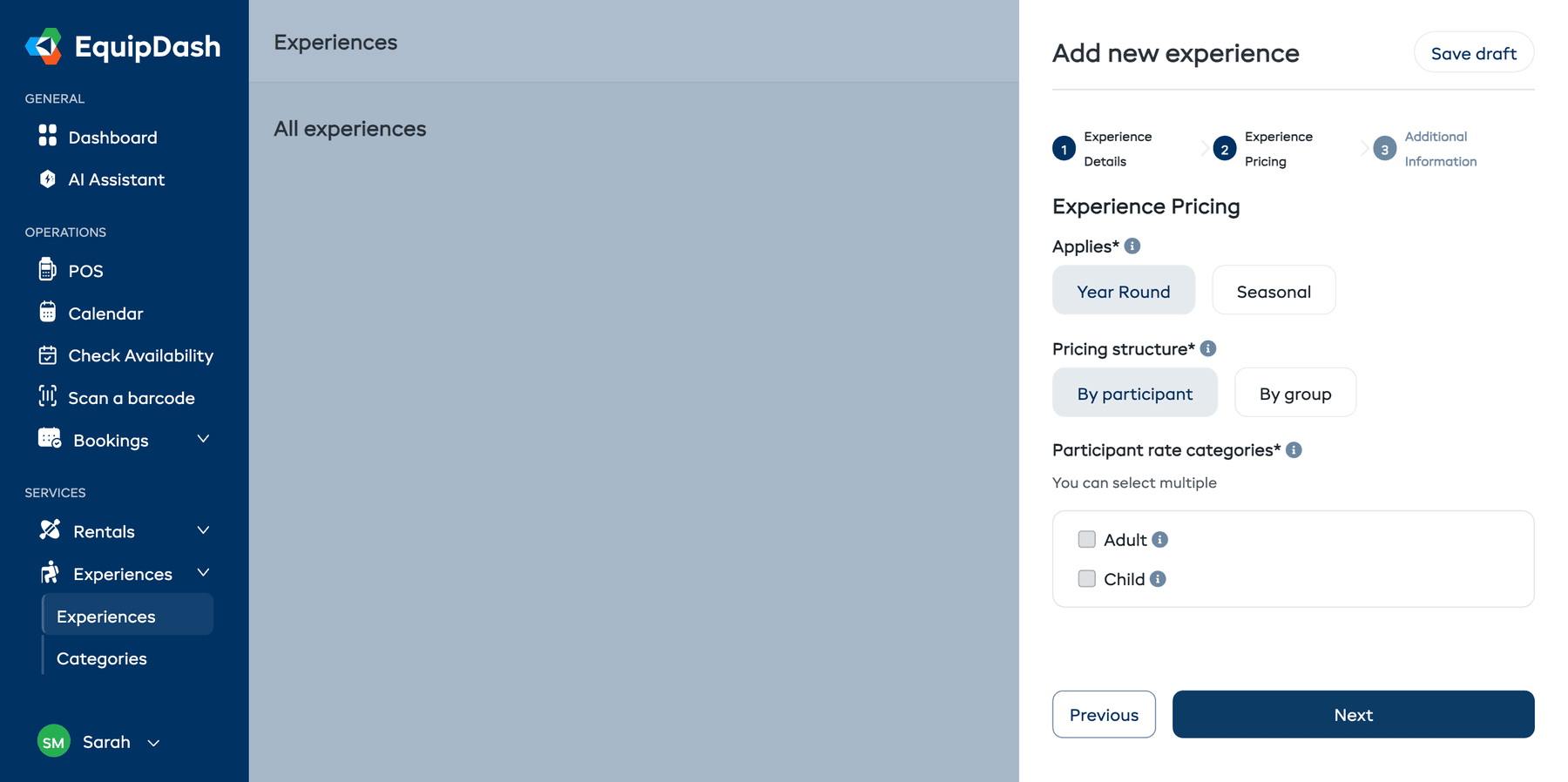 Step 2 of the experience wizard — Experience Pricing — showing Applies (Year Round or Seasonal), Pricing Structure (By Participant or By Group), and rate category selection