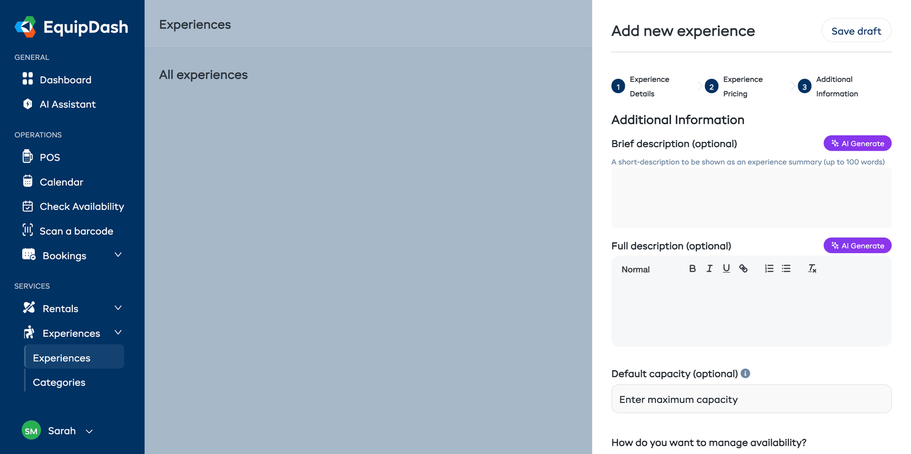 Step 3 of the experience wizard — Additional Information — showing fields for Brief Description, Full Description, Default Capacity, Availability Management, and Experience Duration