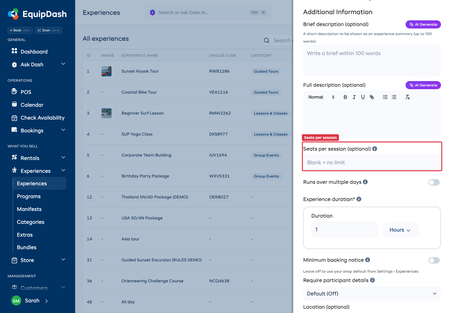 Step 3 of the experience wizard, Additional Information, with Seats per session highlighted