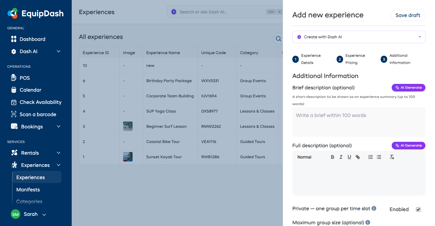 Step 3 of the experience wizard — Additional Information — showing fields for Brief Description, Full Description, Default Capacity, Availability Management, and Experience Duration