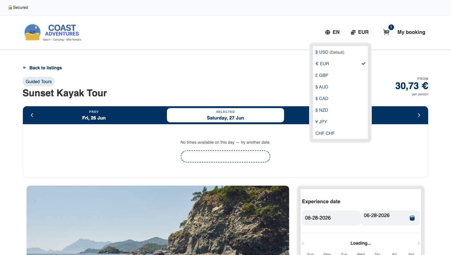 The booking widget header with the currency picker open next to the language globe, showing "$ USD (Default)" at the top of the list and EUR selected, with prices on the page shown in euros.