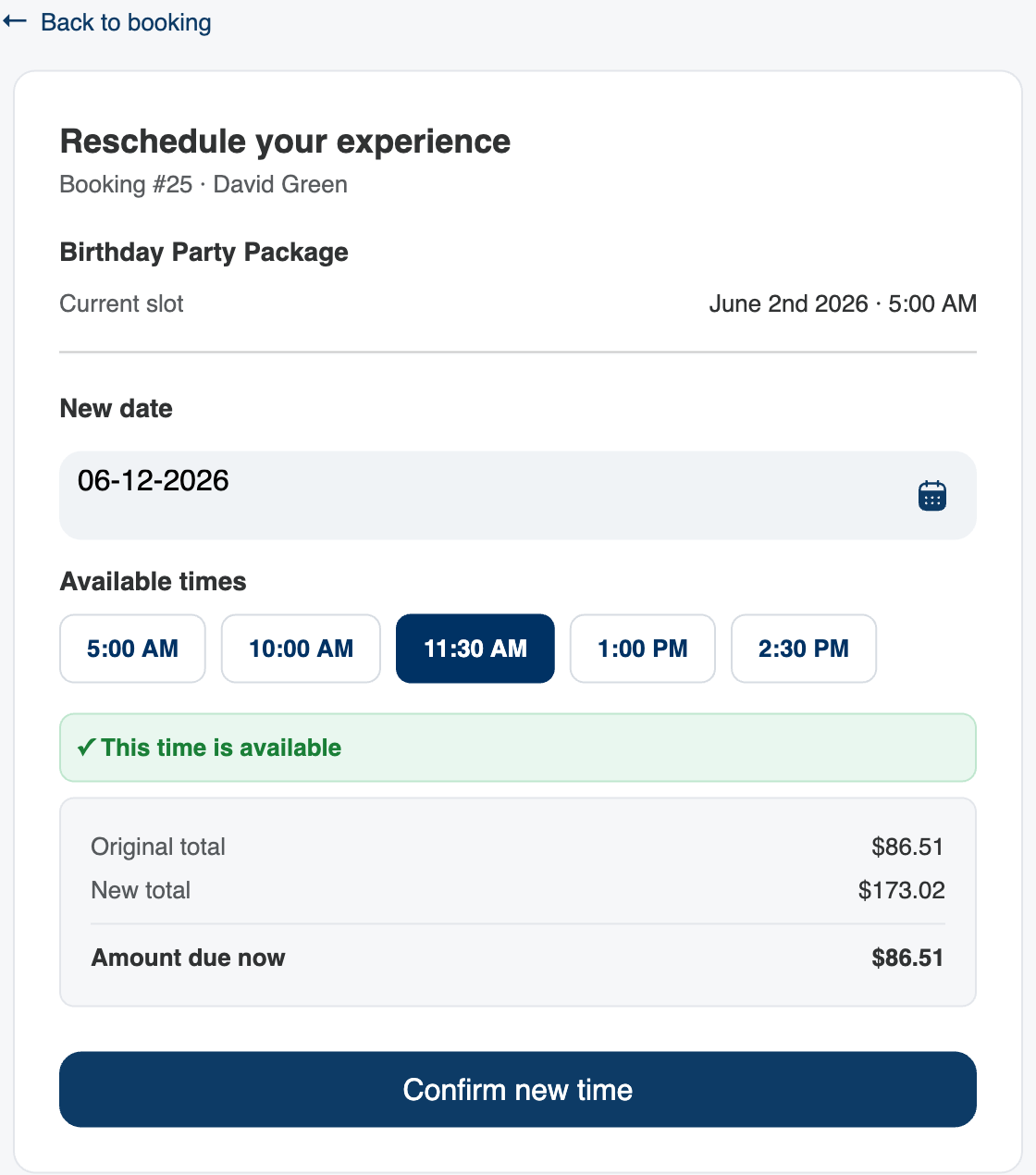 The customer reschedule page for an experience, showing a date picker and a row of selectable time slots with one highlighted.