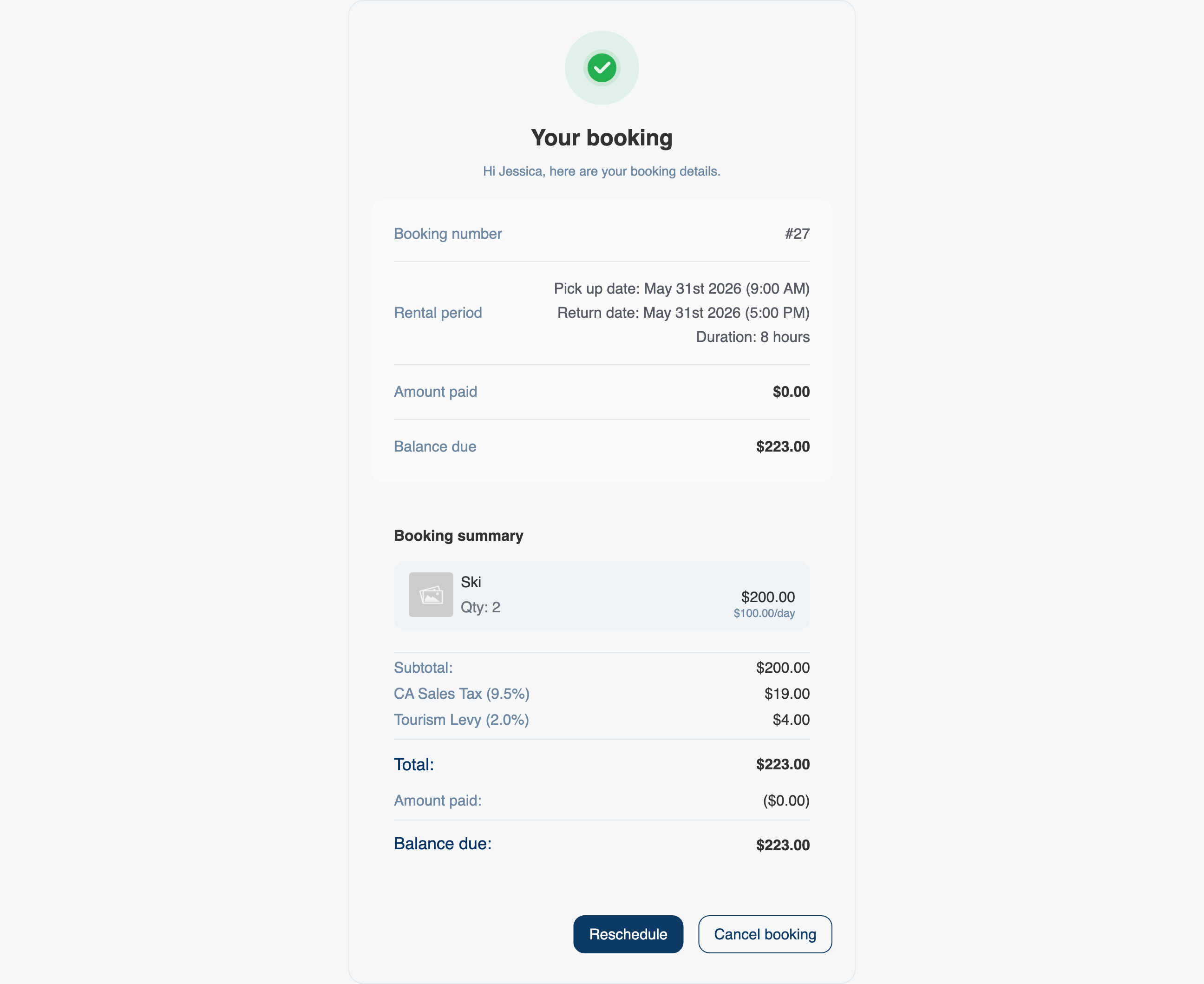 The customer-facing View booking page showing booking details, summary, and the Reschedule and Cancel booking buttons.