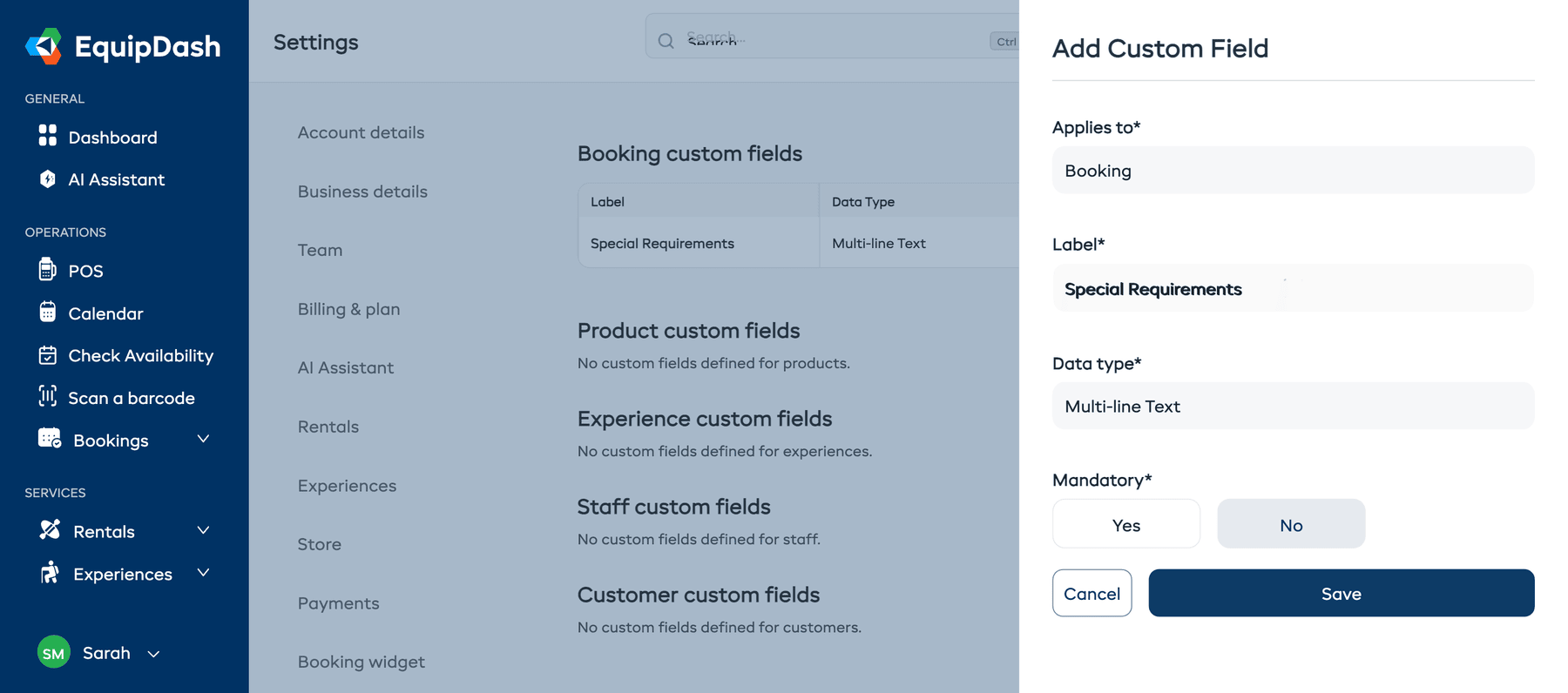 The Add Custom Field form with Applies to, Label, Data type, and Mandatory fields