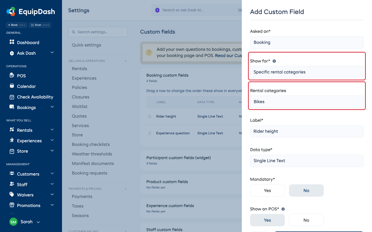 The Add Custom Field panel with Show for set to Specific rental categories and Bikes picked
