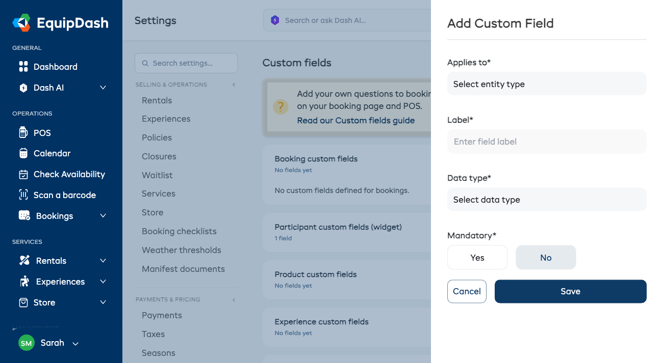 The Add Custom Field form with Applies to, Label, Data type, and Mandatory fields