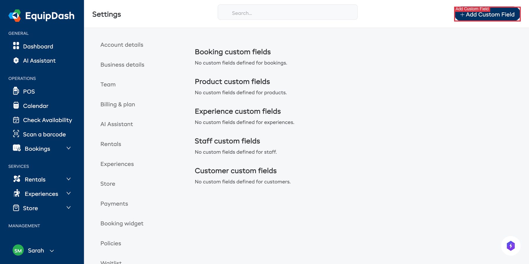 The Custom Fields settings page showing field categories and the Add Custom Field button