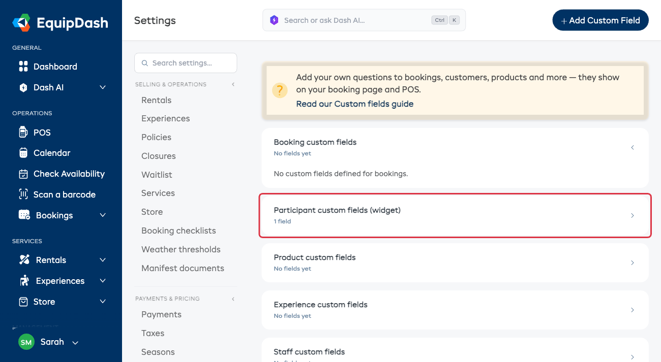 The Custom Fields settings page showing all entity types