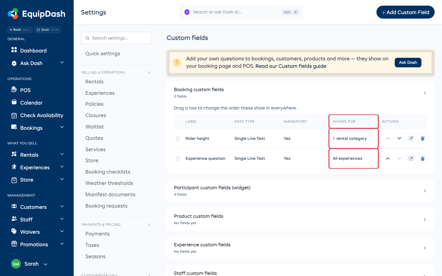 The Custom Fields settings page with the Shows for column on booking fields