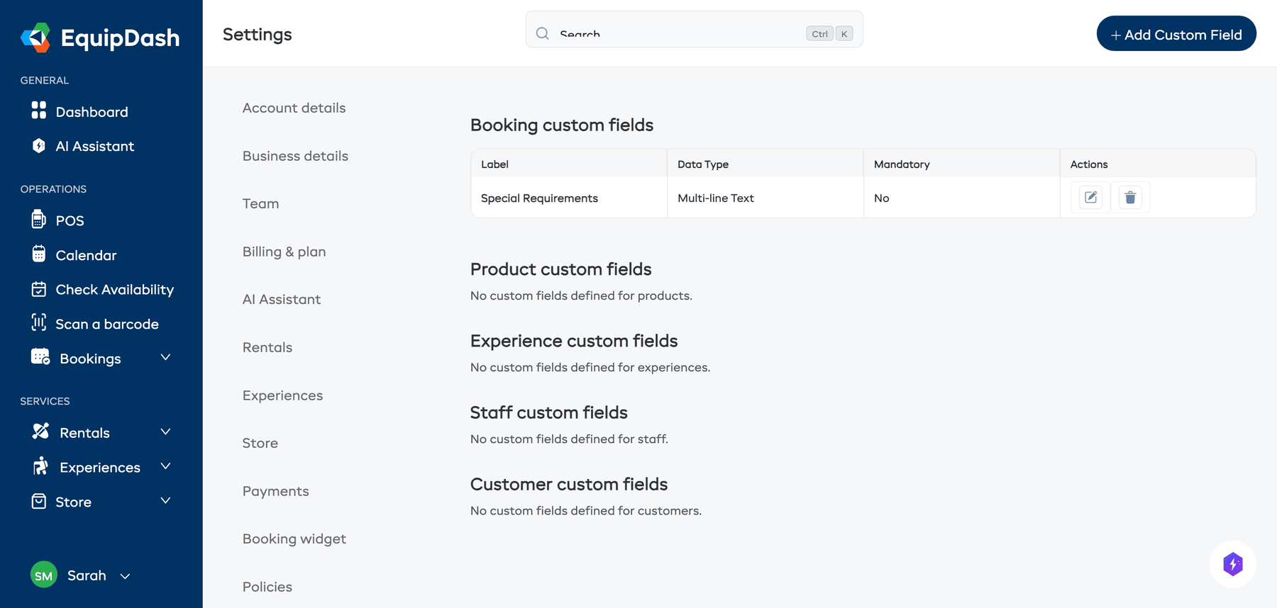 The Custom Fields settings page showing all entity types