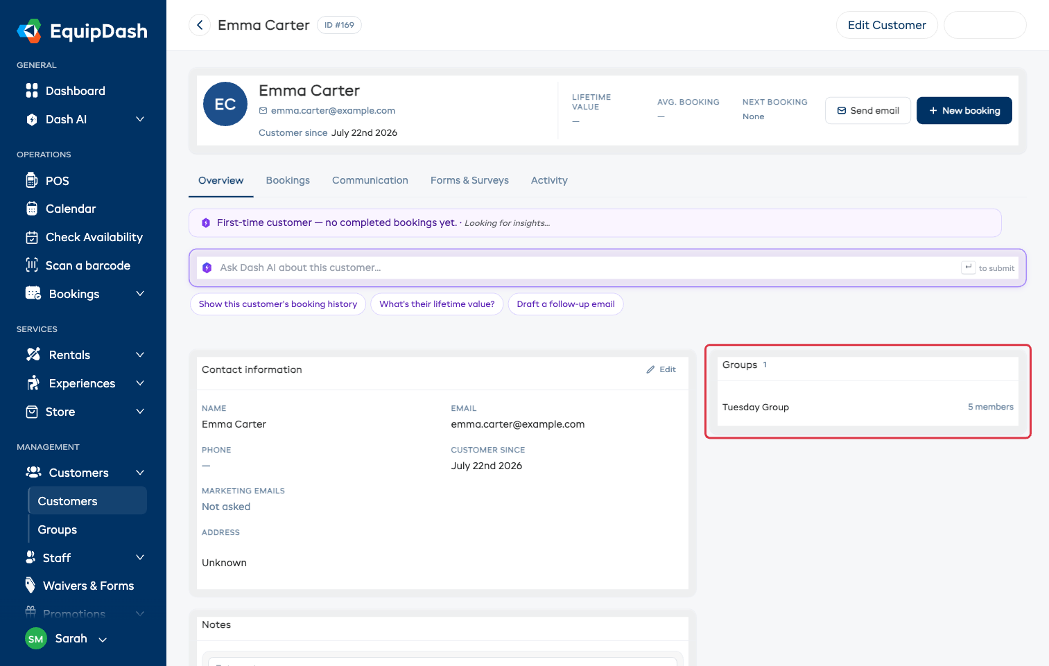 A customer's Overview tab with the Groups card in the right column, listing the groups they belong to
