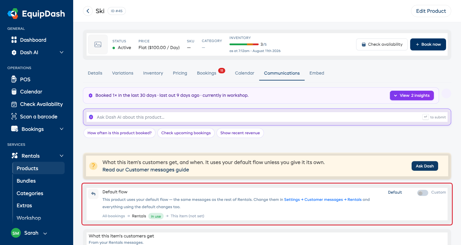 An item's Communications tab: the chain showing which set is in force, above the Default / Custom switch