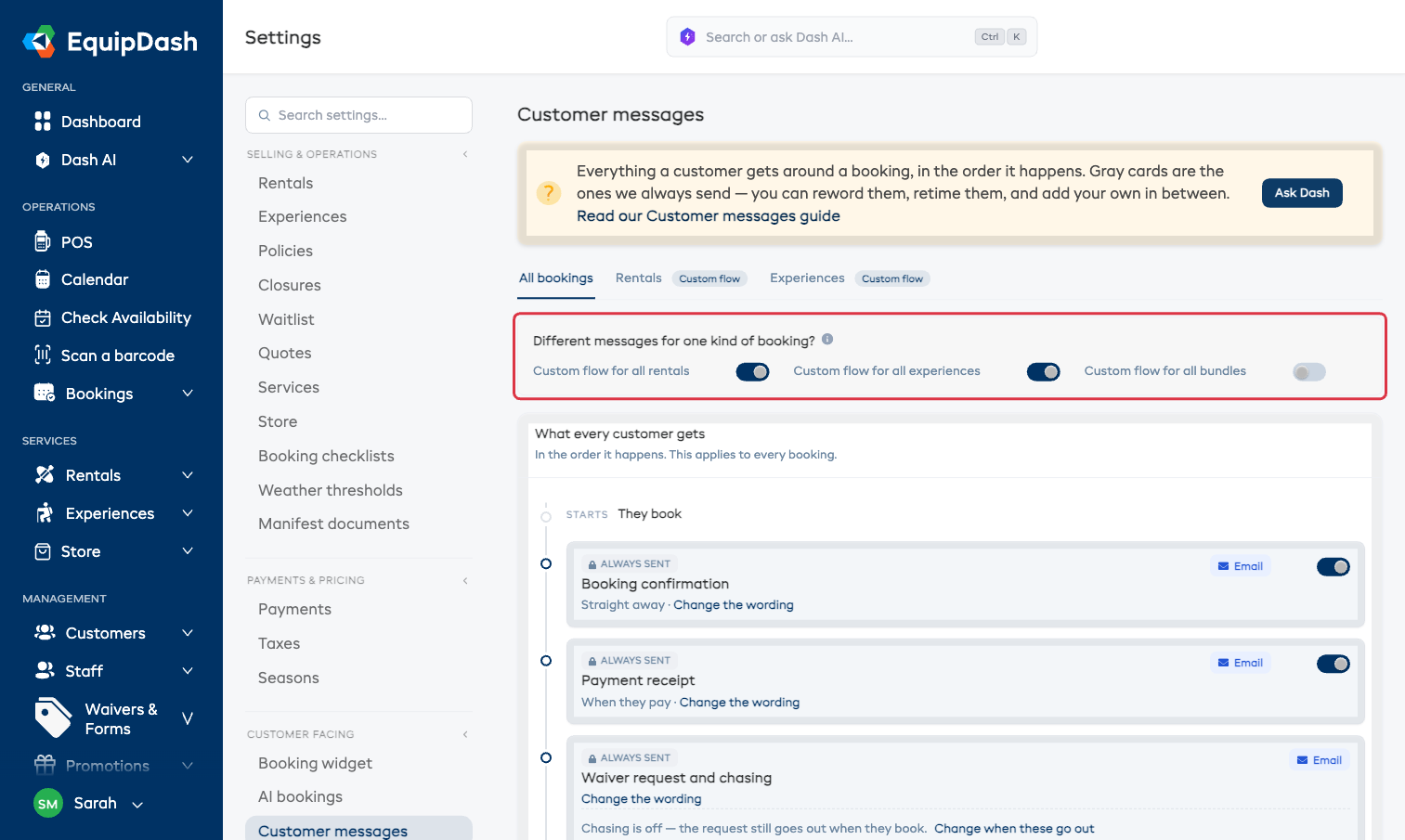 The Customer messages page: a switch per kind of thing you sell, then the timeline of everything a customer receives
