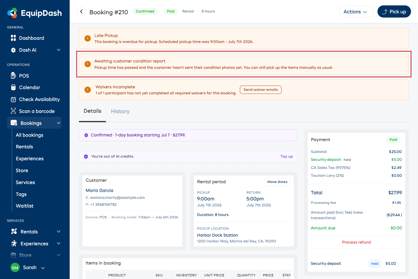 A booking detail page with the Awaiting customer condition report banner near the top.