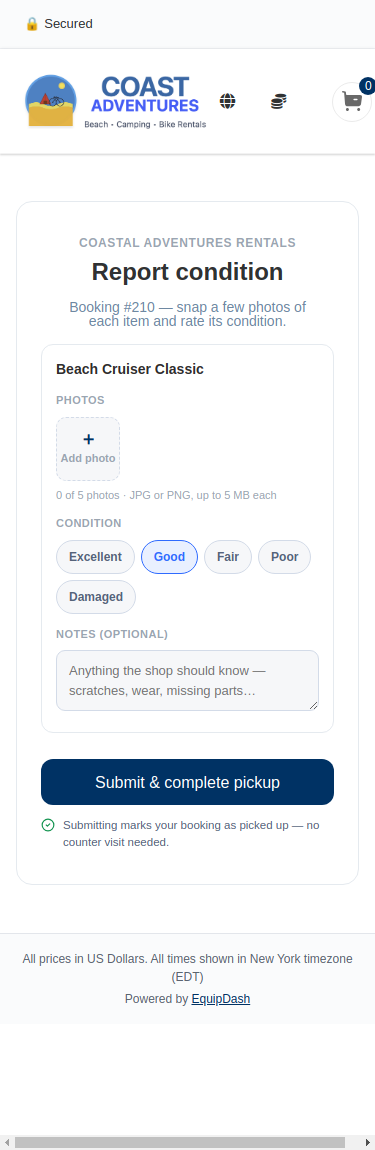 The customer-facing condition photo page on a phone, showing an item card with an Add photo box, an Excellent-to-Damaged condition picker, and a notes field, above the Submit &amp; complete pickup button.