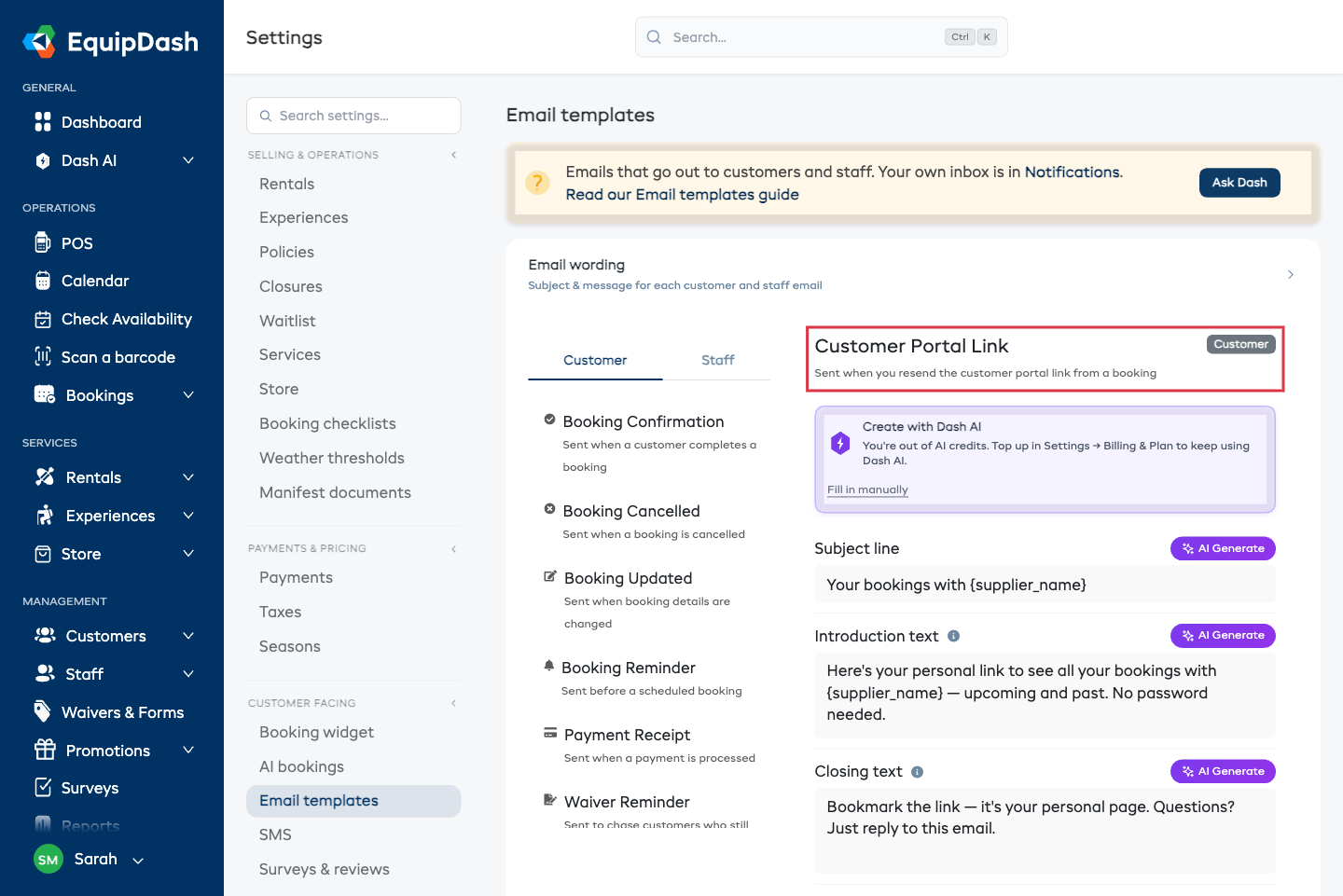Settings → Email templates with the Customer Portal Link template open, showing its subject line, introduction text and closing text.