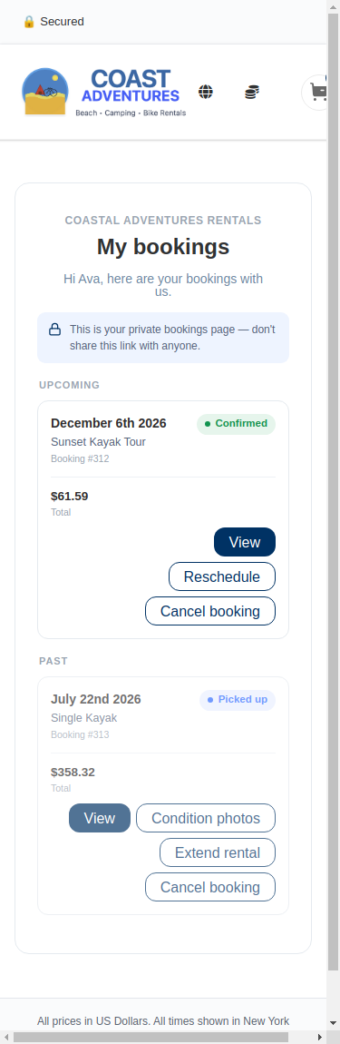 The customer-facing My bookings page on a phone, showing an Upcoming section and a Past section, each booking with its dates, items, status, total and action buttons.