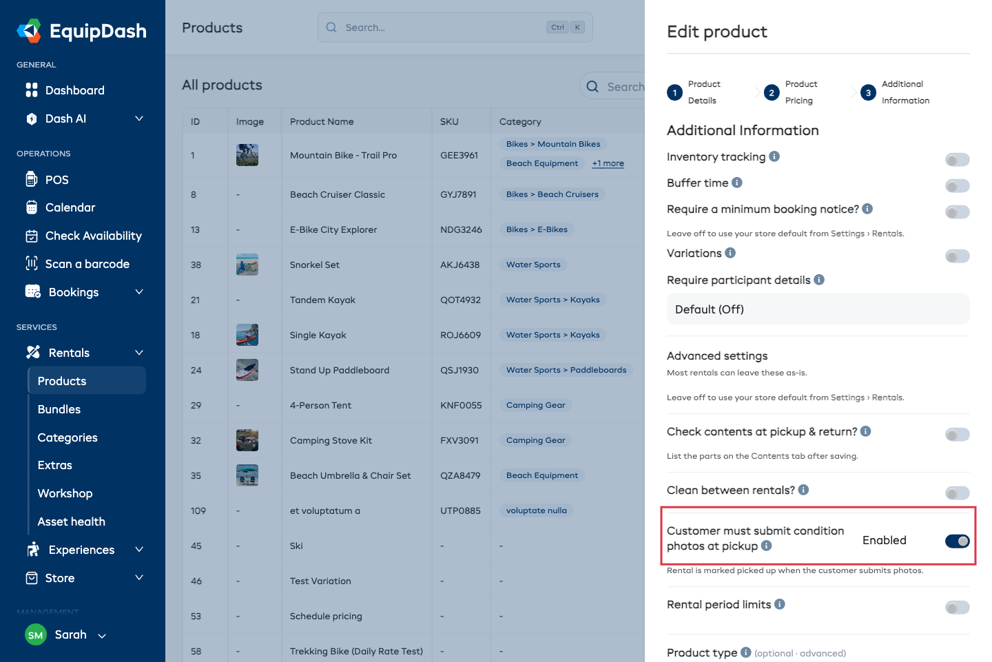 The product edit panel on step 3 with Advanced settings open and the "Customer must submit condition photos at pickup" toggle switched on.