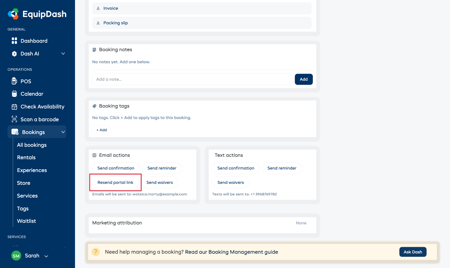 The Email actions card on a booking detail page with the Resend portal link button.