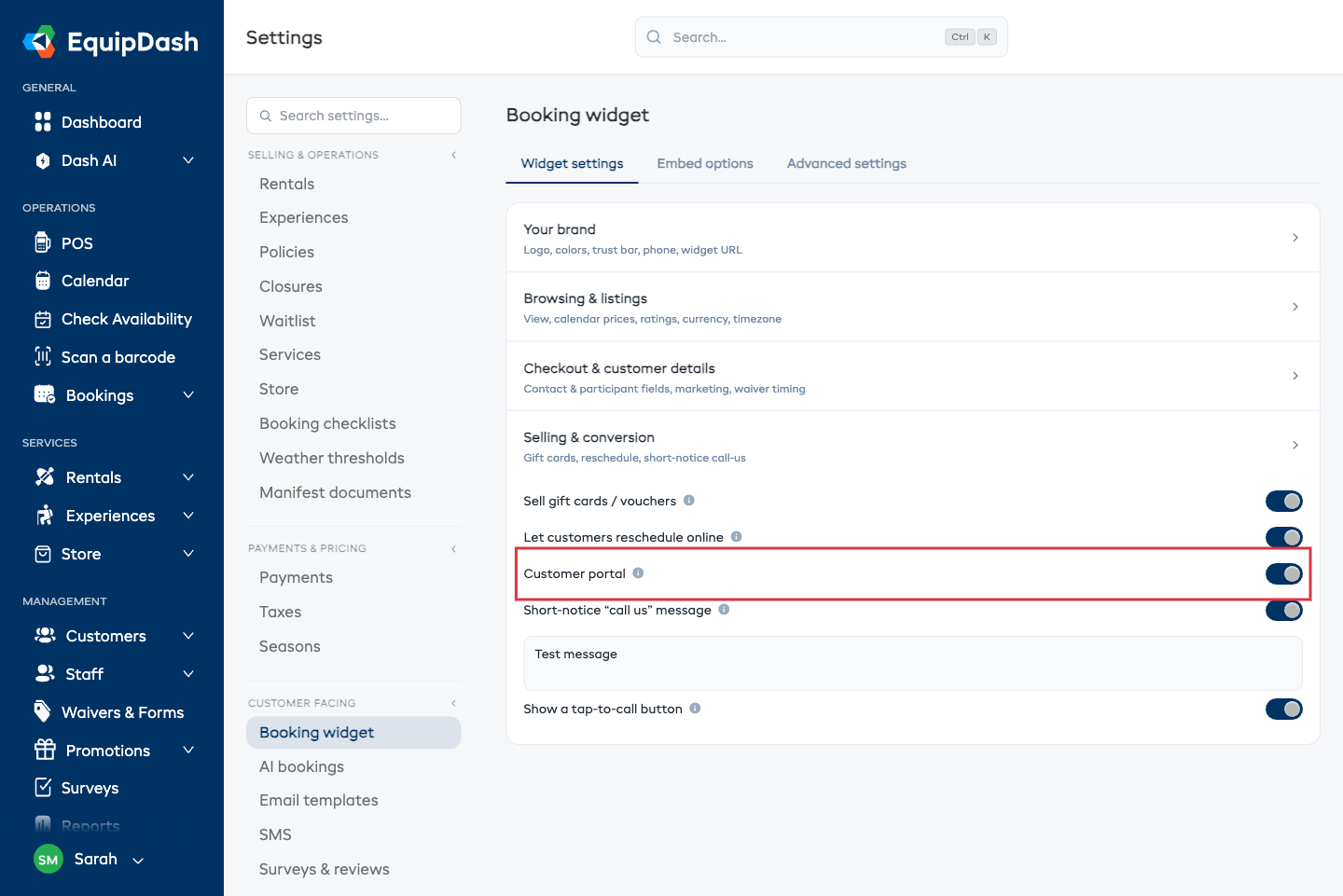 Settings → Booking widget with the Selling &amp; conversion section open and the Customer portal toggle switched on.