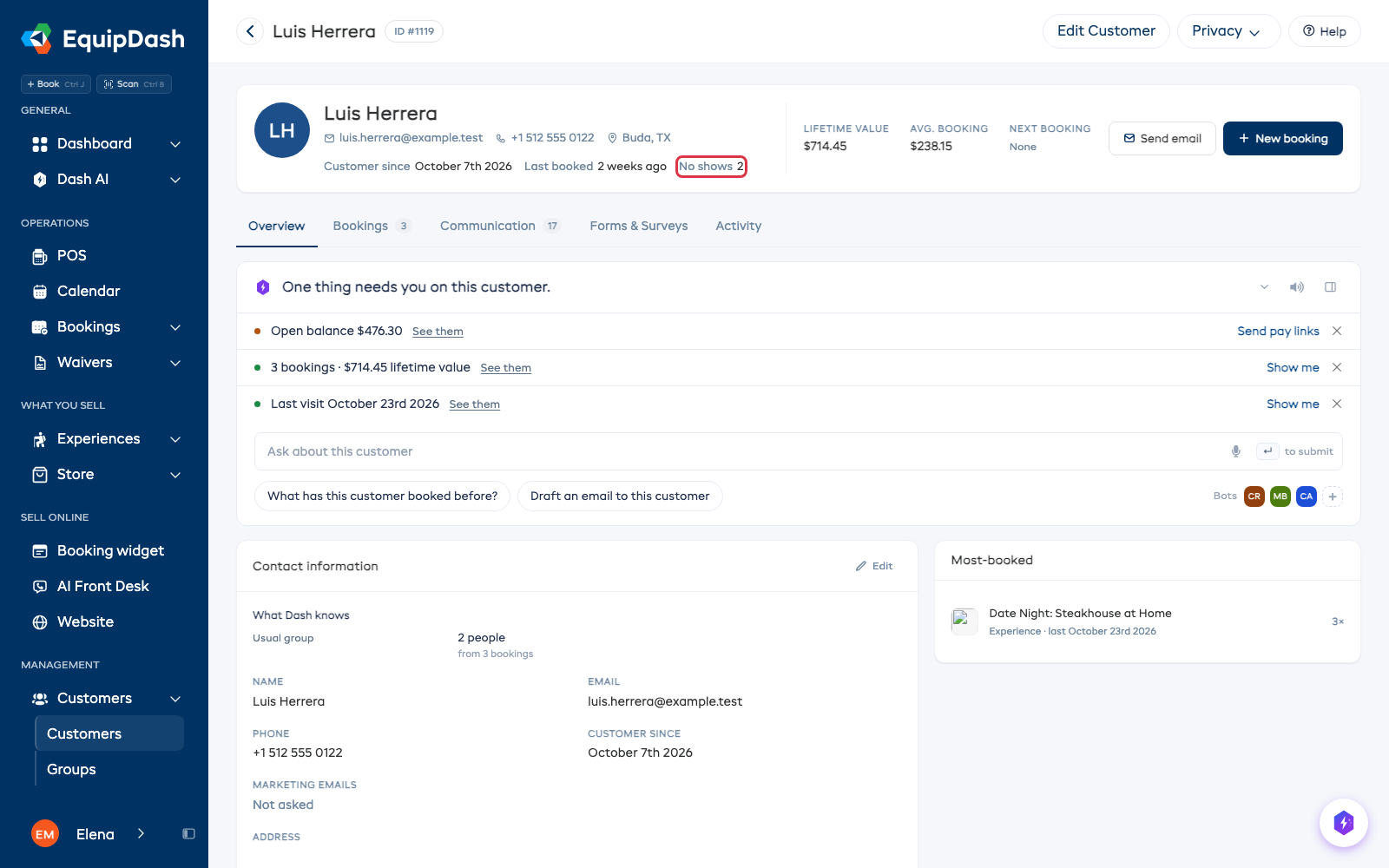 A customer page with the No shows count ringed