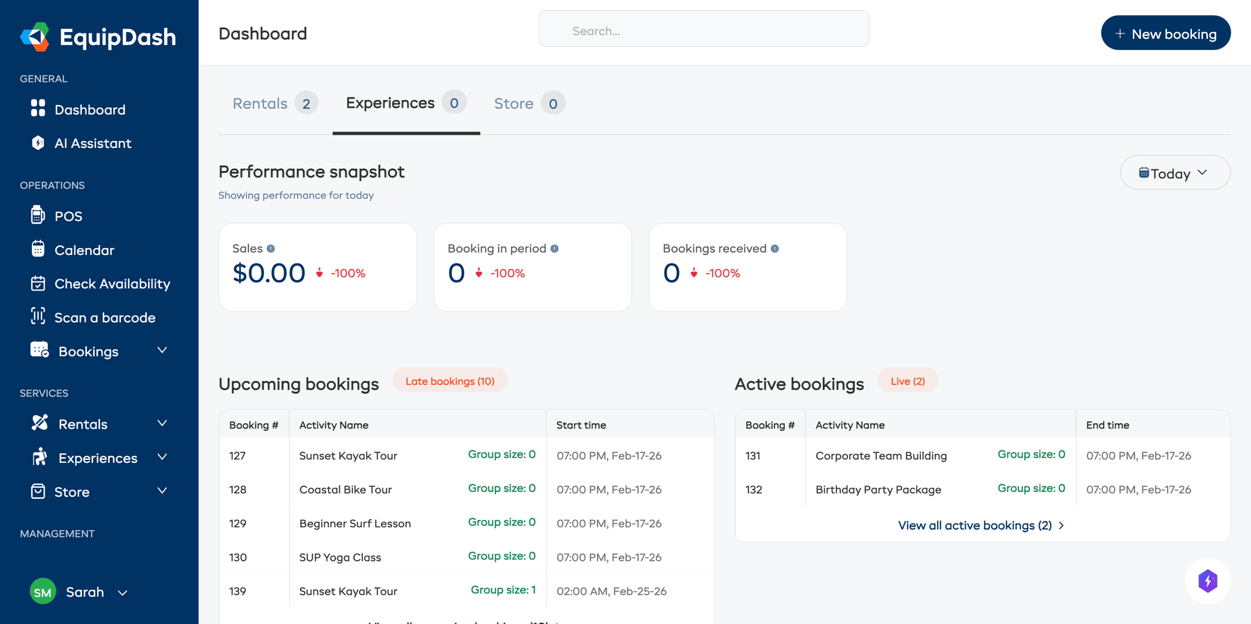 The Experiences dashboard tab showing performance snapshot cards, upcoming bookings, and active bookings