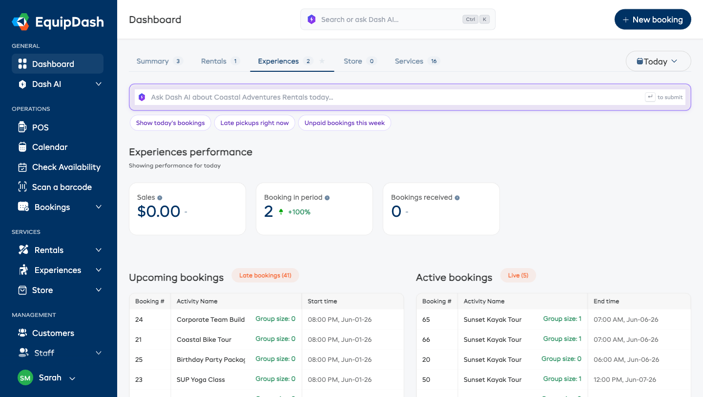 The Experiences tab showing performance snapshot cards, upcoming bookings, and active bookings