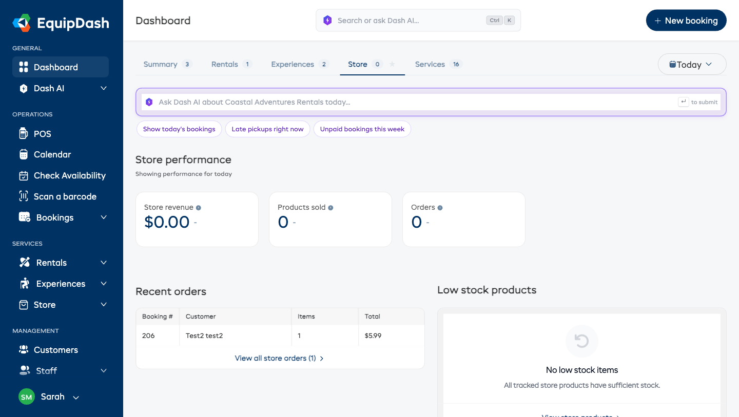 The Store tab showing store revenue, products sold, orders, recent orders, and low stock products